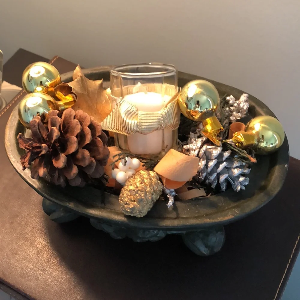 Floral, candle arrangement. Dark green, gold, silver. Votive vanilla candle